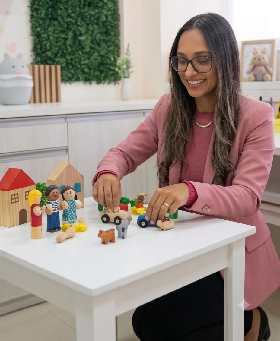 Aline Andolfo no consultório, com os brinquedos de madeira que usa nos atendimentos com crianças